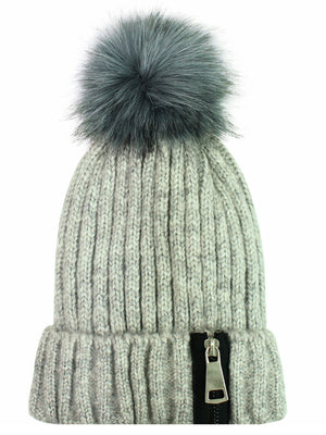 Gray Fur Lined Knit Pom Pom Beanie Hat With Zipper