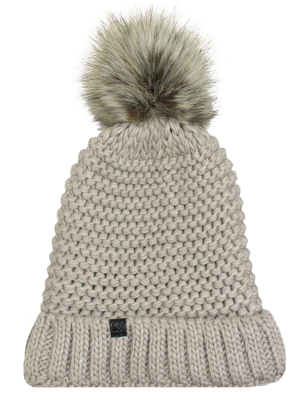 Taupe Knit Beanie Hat With Faux Fur Pom Pom