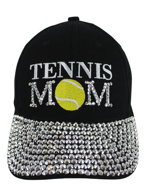 Tennis Mom Black Rhinestone Baseball Cap