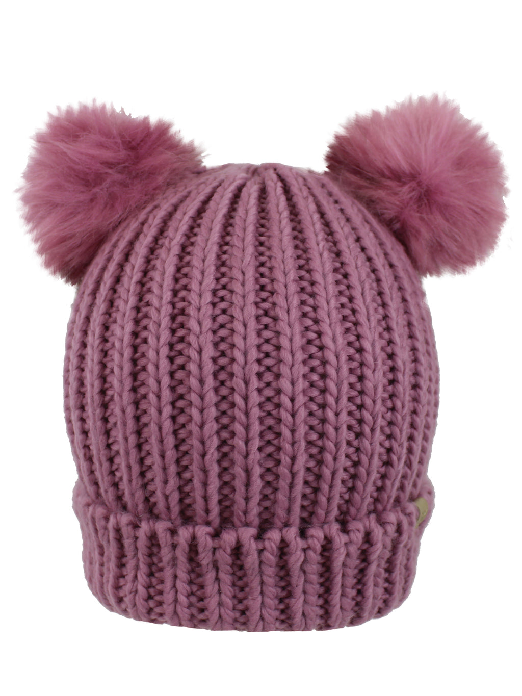 Dusty Pink Knit Beanie Hat With Pigtail Pom Poms