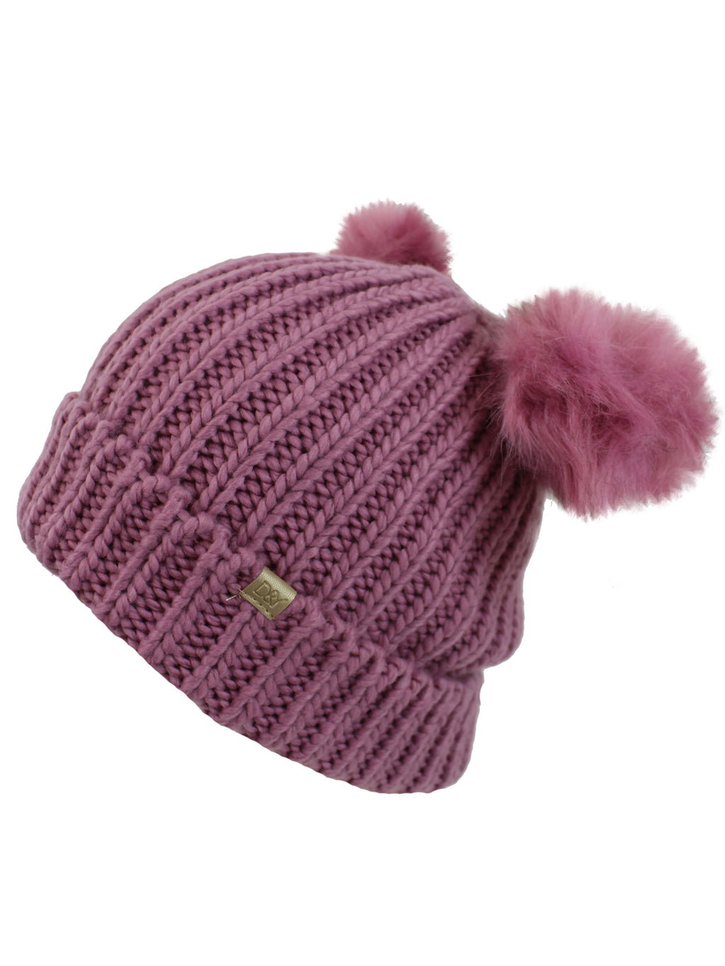 Dusty Pink Knit Beanie Hat With Pigtail Pom Poms