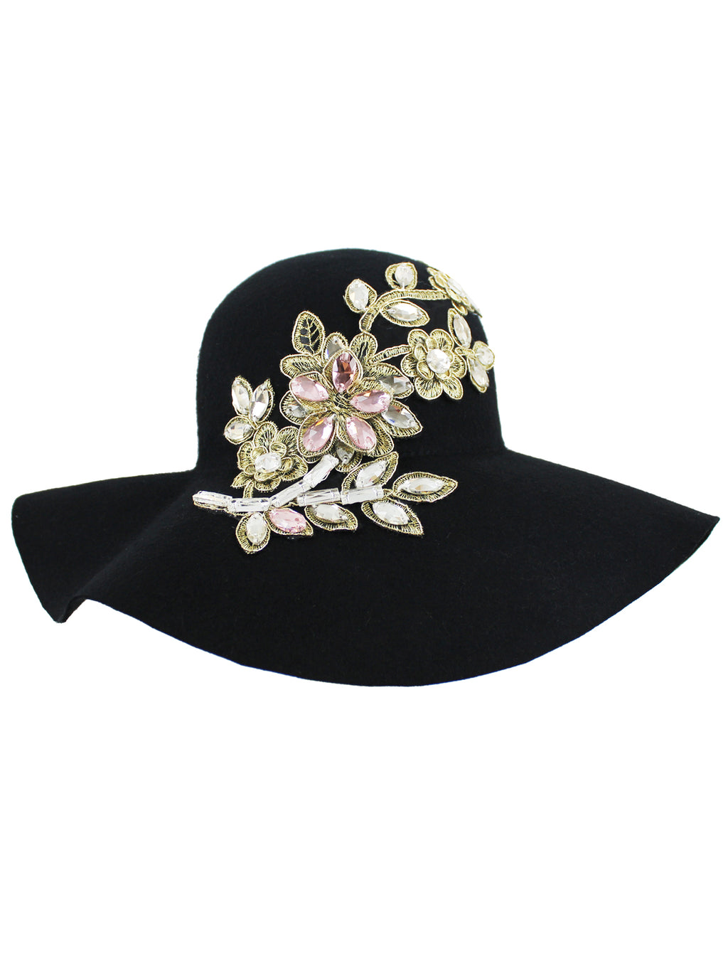 Black Wool Floppy Hat With Rhinestone Flower