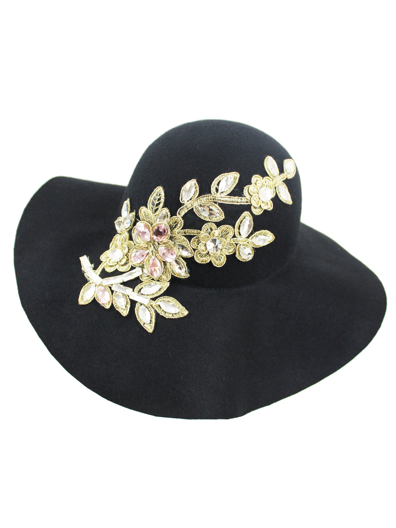 Black Wool Floppy Hat With Rhinestone Flower
