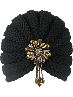 Black Knit Beaded Turban Head Wrap