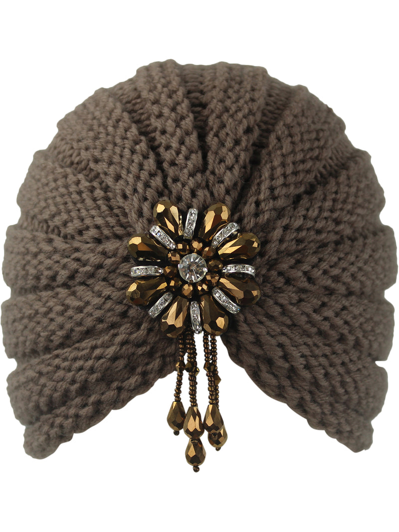 Taupe Knit Beaded Turban Head Wrap