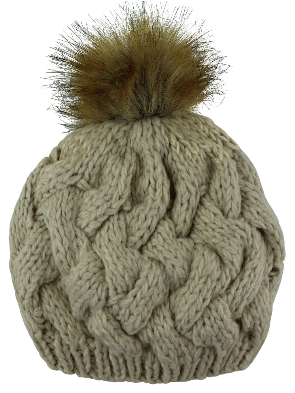 Beige Knit Beret Beanie Hat With Fur Pom Pom