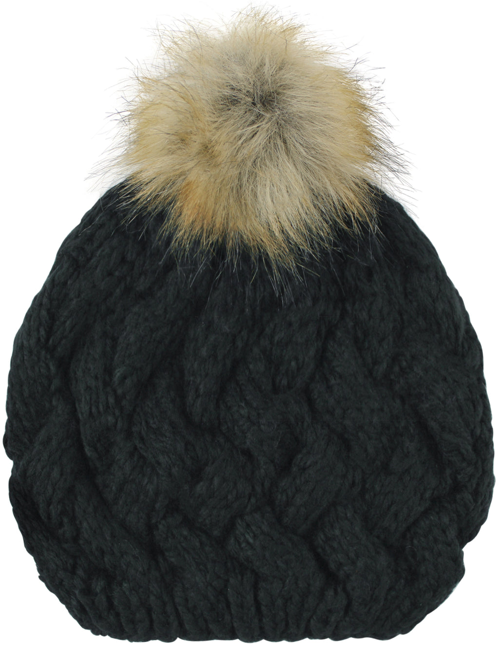 Black Knit Beret Beanie Hat With Fur Pom Pom