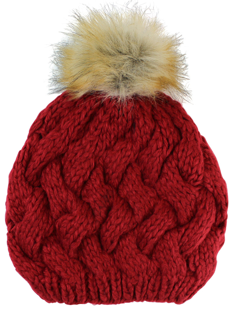 Red Knit Beret Beanie Hat With Fur Pom Pom
