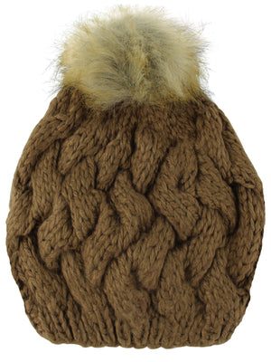 Brown Knit Beret Beanie Hat With Fur Pom Pom