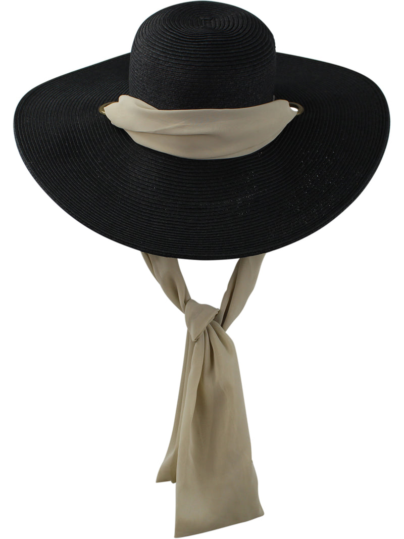 Black Toyo Braid Beach Floppy Hat With Chiffon Tie