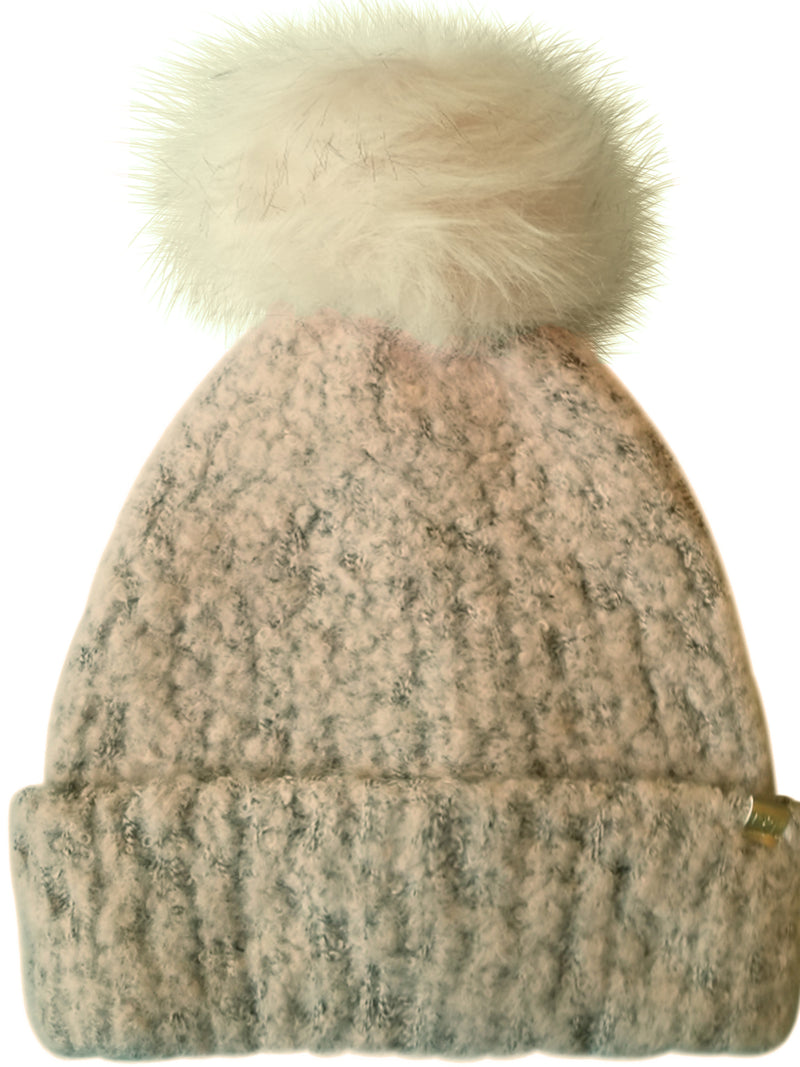 Beige Knit Beanie Hat With Faux Fur Pom Pom