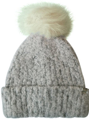 Ivory Knit Beanie Hat With Faux Fur Pom Pom