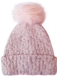 Pink Knit Beanie Hat With Faux Fur Pom Pom