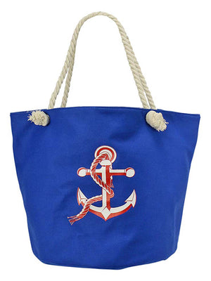 Blue Canvas Beach Bag Tote With Red & White Anchor