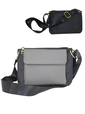 Black And Gray Front Flap Vegan Leather Waist Bag