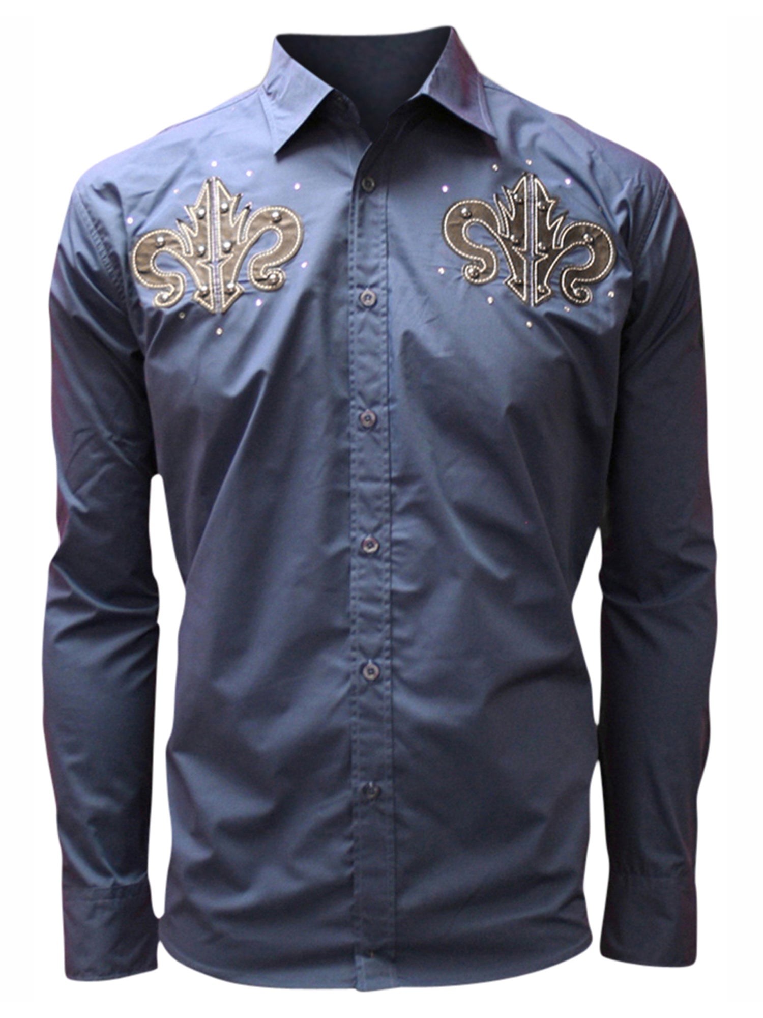 Blue Men's Long Sleeve Graphic Dress Shirt With Fleur de Lis Size Small