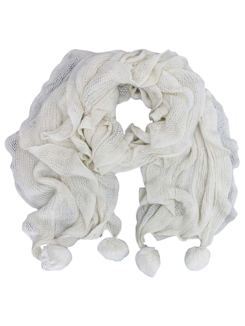 Ruffled Knit Oblong Scarf With Pom Poms