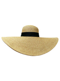 Natural Wide Brim Floppy Hat With Black Ribbon Hat Band
