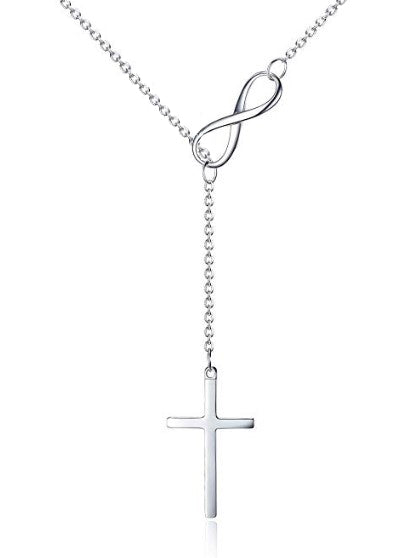 Silver Tone Infinity Cross Lariat Style Necklace
