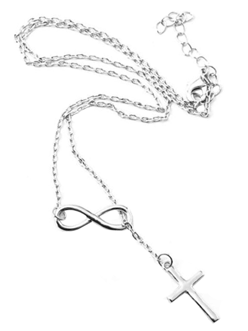 Silver Tone Infinity Cross Lariat Style Necklace