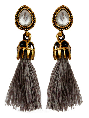 Gold Tone Vintage Style Earrings With Gray Tassel