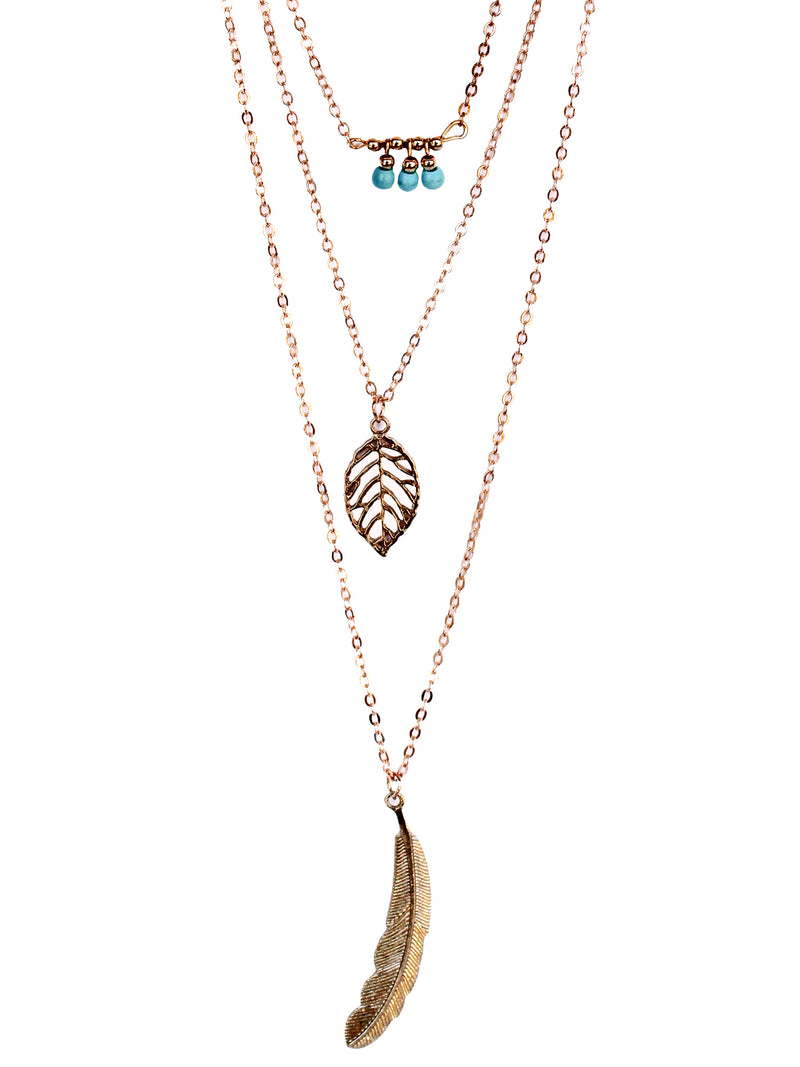 Feather Bead & Leaf 3 Layer Gold Tone Necklace