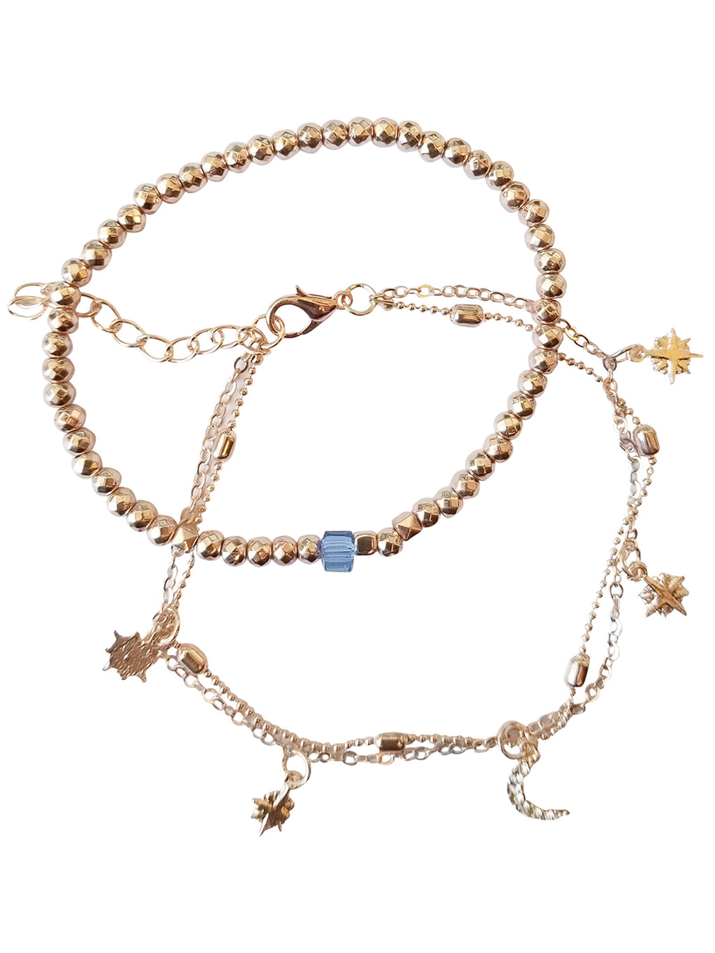 Gold Beaded 2-Piece Layered Anklet With Charms