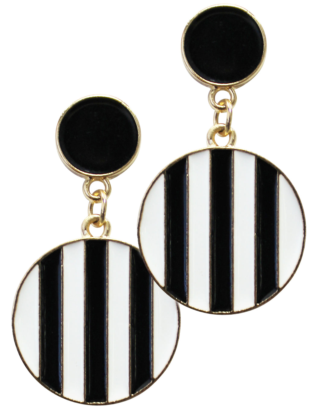 Black White & Gold Stripe Circle Drop Earrings