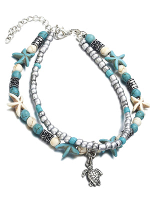 Layered Starfish & Sea Turtle Ankle Bracelet