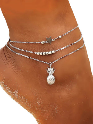 Pineapple 3 Layer Silver Tone Ankle Bracelet