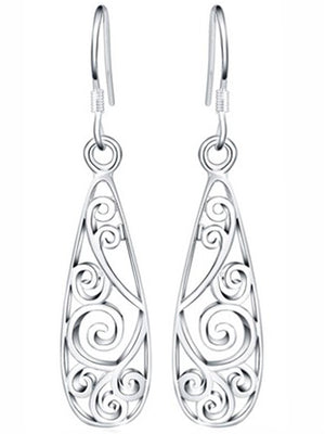 Classic Open Etched Sterling Silver Plated Tear Drop Hook Earrings