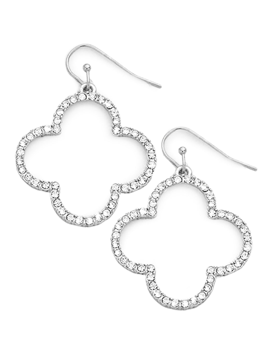 Silver Crystal Rhinestone Quatrefoil Hook Earrings