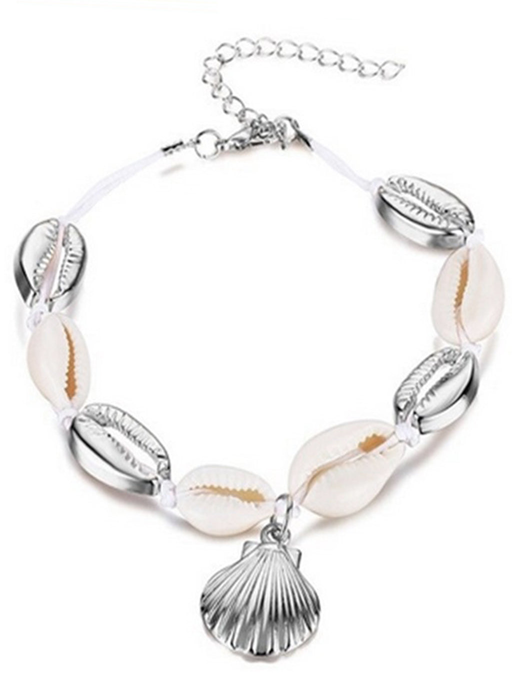 Silver Tone Cowrie Seashell Anklet With Dangle