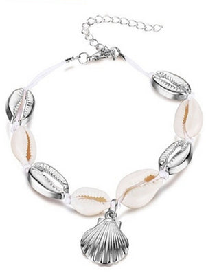 Silver Tone Cowrie Seashell Anklet With Dangle