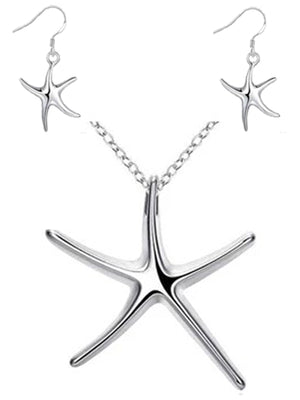 Sterling Silver Plated Starfish Pendant Necklace & Earrings Set