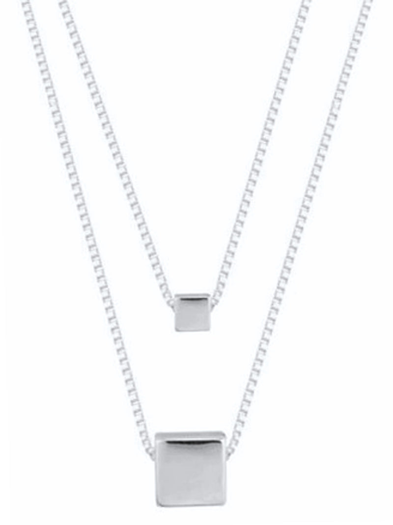 Sterling Silver Plated Two Row Necklace With Square Pendant