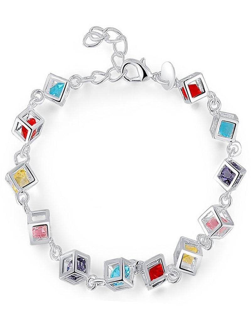 Sterling Silver Plated Cube Link Multicolor Crystal Bracelet