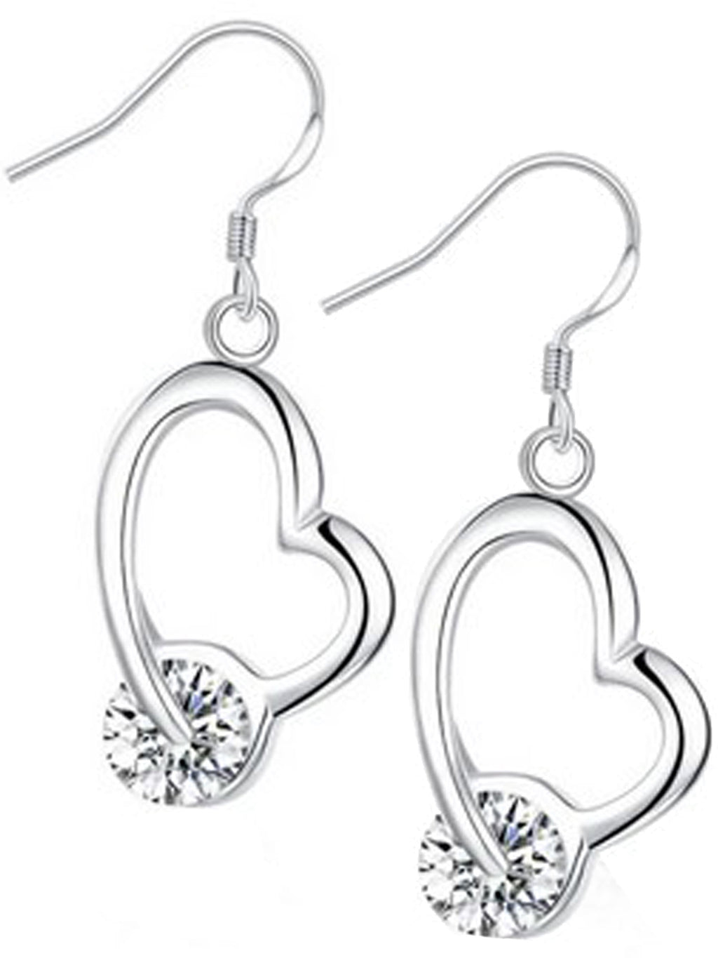 Sterling Silver Plated Heart With Crystal Drop Hook Earrings