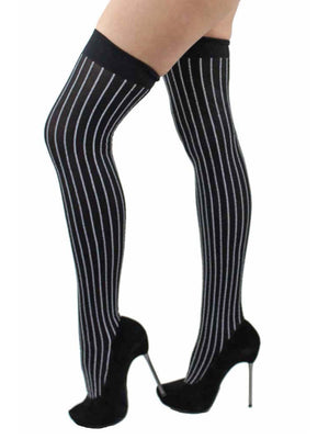 Black & Gray Pinstripe Thigh High Stockings For Women