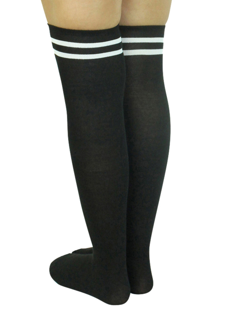 Black Thigh High School Girl Socks With Double Stripe Top