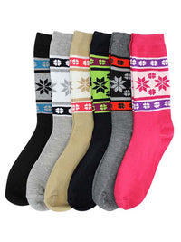 Winter Mix Snowflake Print 6 Pack Assorted Womens Crew Socks