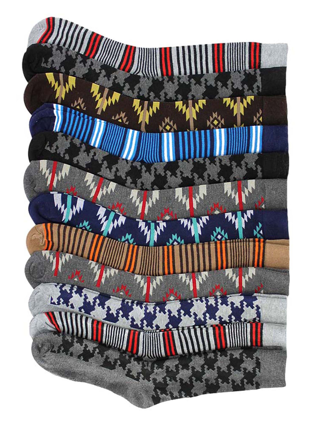 Mens Houndstooth Striped & Aztec 12 Pack Dress Socks