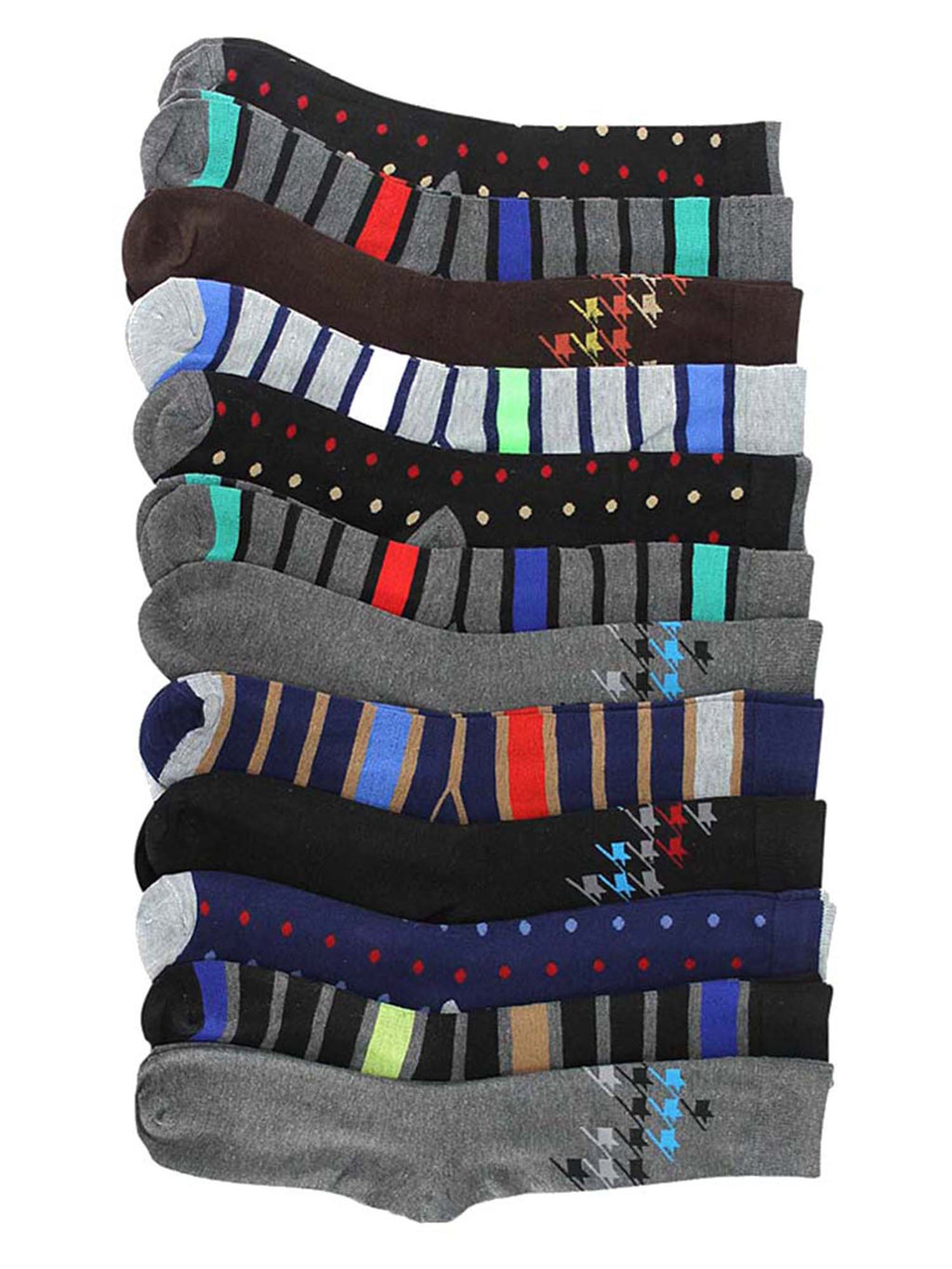 Polka Dot Stripe & Houndstooth 12 Pack Dress Socks For Men