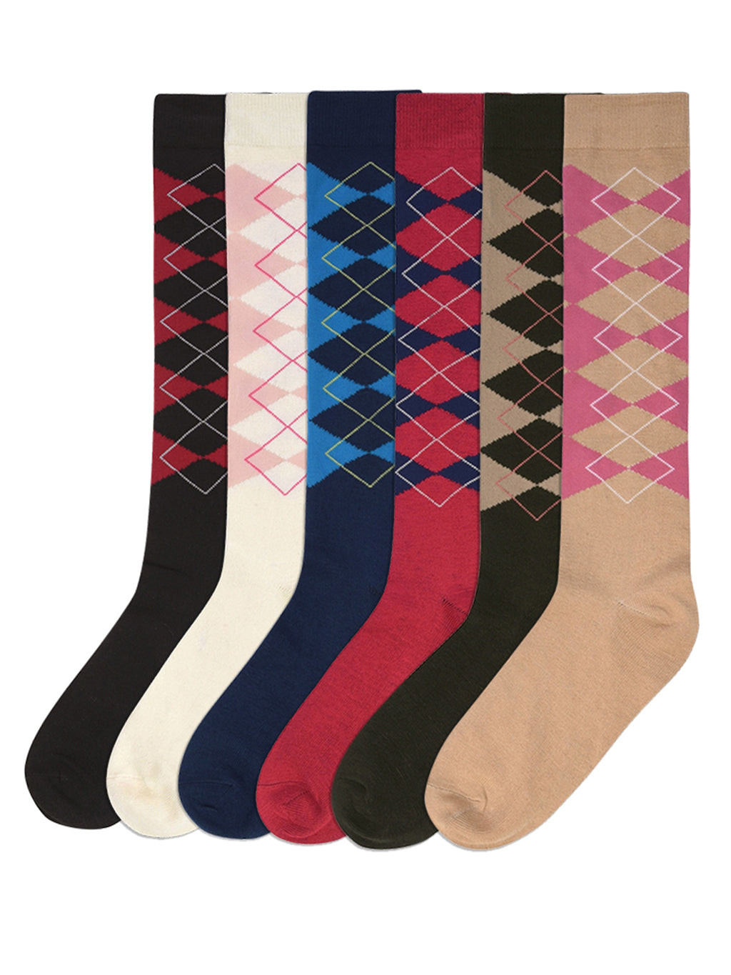 Argyle Plaid Print 6 Pack Womens Knee High Socks
