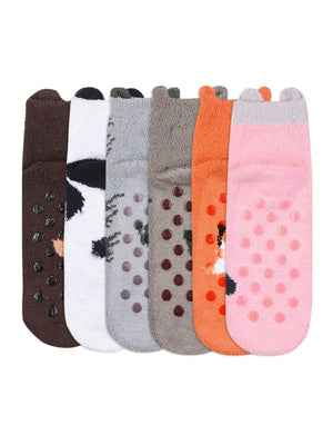6 Pack Womens Animal Non-Skid Slipper Socks
