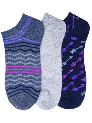 Purple & Gray Arrow & Chevron Print 3-Pack Ankle Socks