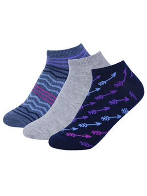 Purple & Gray Arrow & Chevron Print 3-Pack Ankle Socks