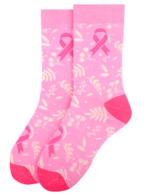 Two Tone Pink Ribbon & Leaves Cancer Awareness Crew Socks
