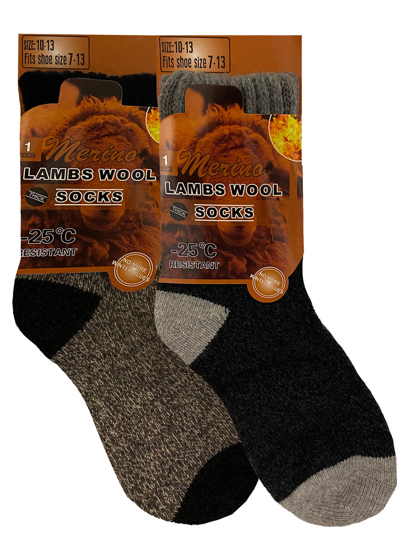 Mens 2-Pack Black & Gray Thick Lambswool Thermal Socks
