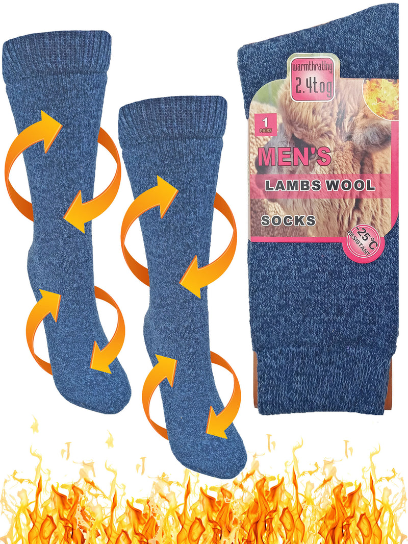 Mens Blue Marled Knit 3-Pack Thick Thermal Wool Heated Socks